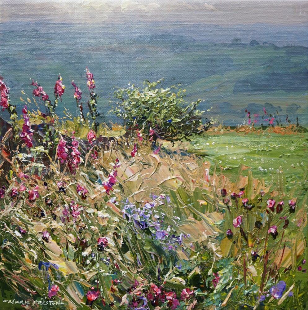 British Artist MARK PRESTON - Sunlit Hawthorn and Wild Flowers, Ashleyhey 